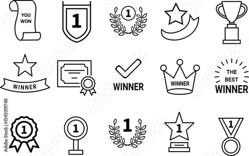 Collection of Winner Icons. Award & Trophy cup icon set. Award symbols collection. Trophy Cup and Winner Medal silhouette Vector.