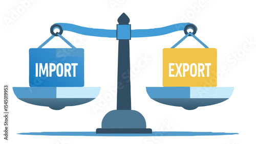 Scales showing import and export balance with blue and yellow blocks on a white background scene