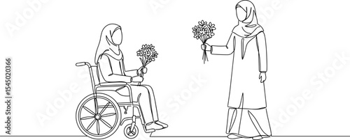 Muslim woman in wheelchair receiving flowers, kind gesture of support, disability awareness, friendship and inclusion, vector line art illustration of caring, empathy and compassion