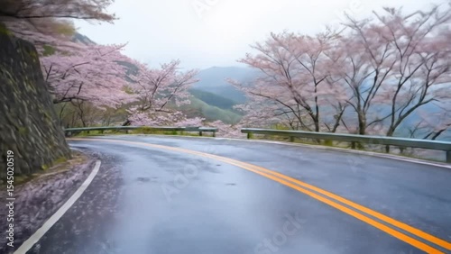 Winding mountain road surrounded by cherry blossom trees and morning mist in spring season. seamless looping 4k time-lapse animation video background