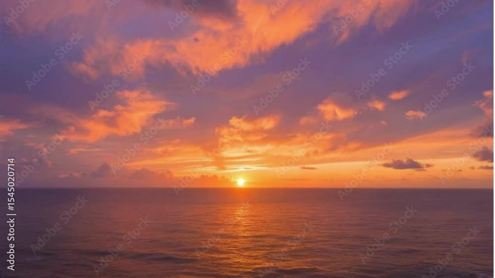 Orange and red clouds reflect on the water as the beautiful sun sets over the ocean,  display of nature's evening artistry