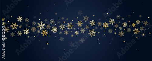 Christmas snowflakes background. Winter gold snow falling, blue minimal decoration with snow flakes and stars, greeting card. Vector illustration