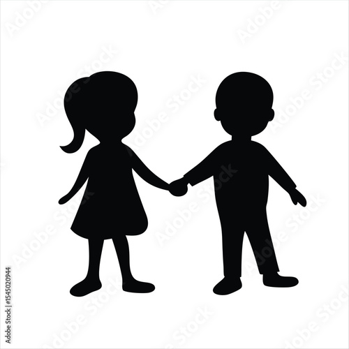 Silhouette of a girl and a boy holding hands in friendship