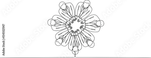 Top view of business teamwork, corporate collaboration concept, professionals united in circle, line art of office unity, group synergy, strategic planning illustration