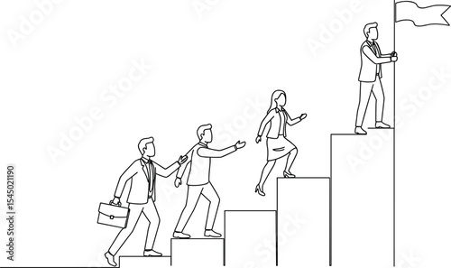 Teamwork and leadership concept line art, business people climbing stairs to success, corporate achievement illustration, goal, mission, unity, motivation, progress, career, leadership journey