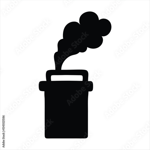 Stylized illustration of a trash can emitting smoke, pollution and concern