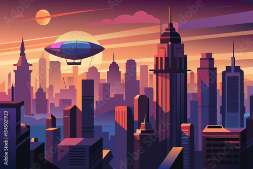 Neo-Tokyo skyline at dusk, with airships casting long shadows between skyscrapers