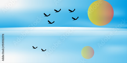 Panoramic abstract blue background for product presentation with sunlight and blurred shadows wall. Winter background.