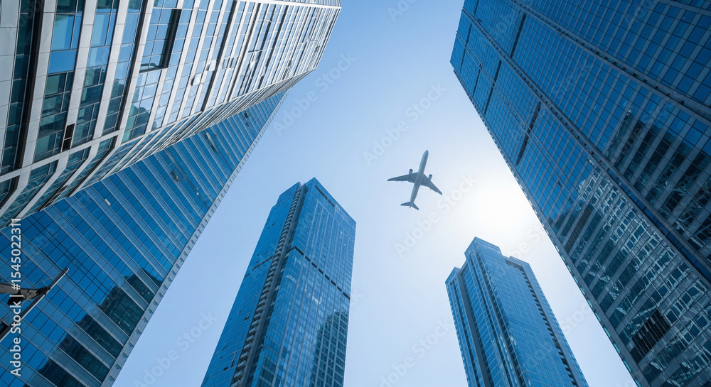 Fototapeta premium Ascending Ambition: Airplane Over Modern Glass Skyscrapers