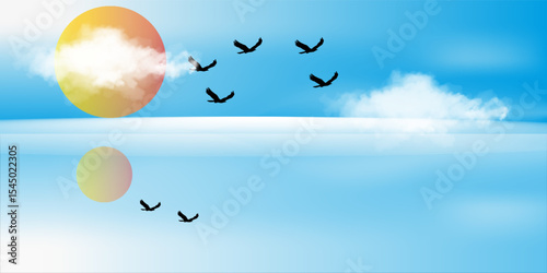 Panoramic abstract blue background for product presentation with sunlight and blurred shadows wall. Winter.
