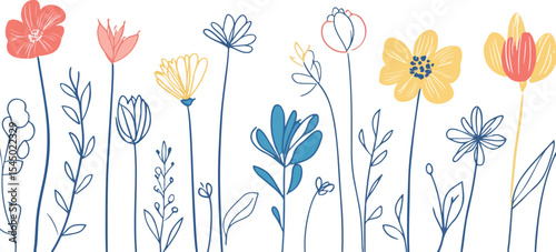 Hand Drawn Floral Border with Colorful Flowers and Leaves on White Background Simple Line Art Style Botanical Illustration for Spring Summer and Nature Inspired Designs