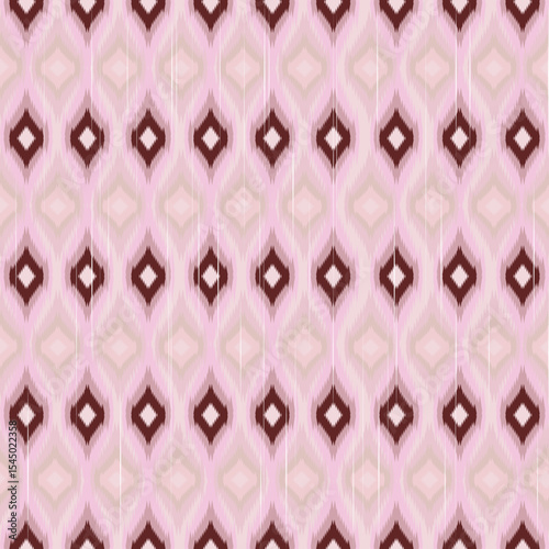 Geometric Ikat Diamond Seamless Pattern. Blush Pink Tribal Textile. Seamless ikat pattern diamond shapes in blush pink and brown. ideal for fashion fabrics, wallpapers, ethnic inspired designs.
