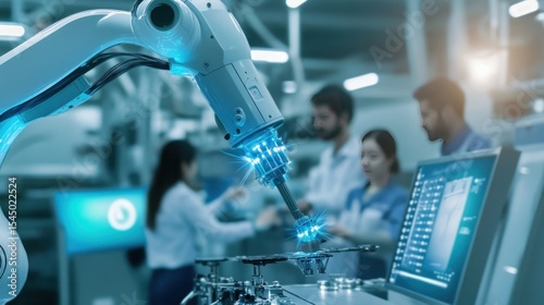Robotic Arm with Blue Light Working in Factory - Industrial Automation and Engineering