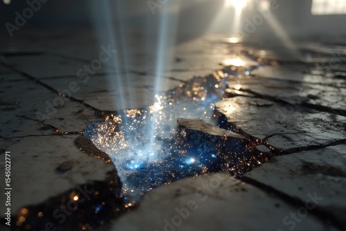 Blue Rays Emerging From Cracked Floor Tiles