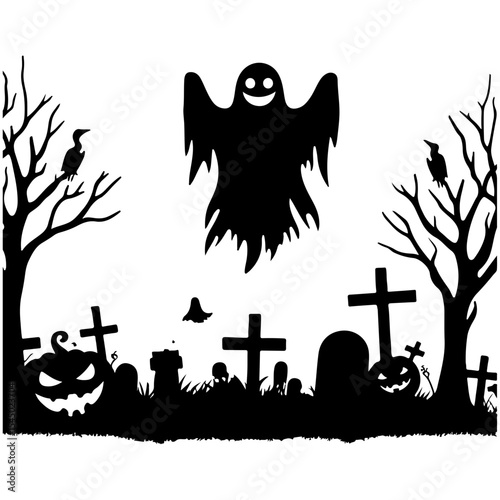 halloween background with cemetery, ghost and bats vector