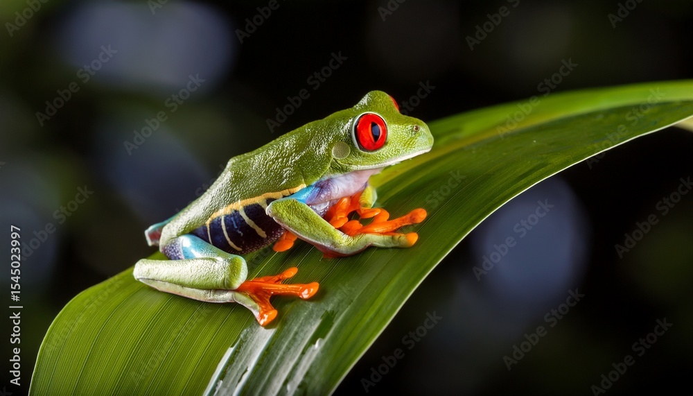 Naklejka premium vibrant red eyed tree frog celebrates the season on a lush rainforest leaf