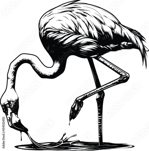 Flamingo Head Down Feeding Black White Line Art