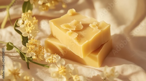 Candelilla Wax Blocks on Soft Fabric Surrounded by Delicate Flowers