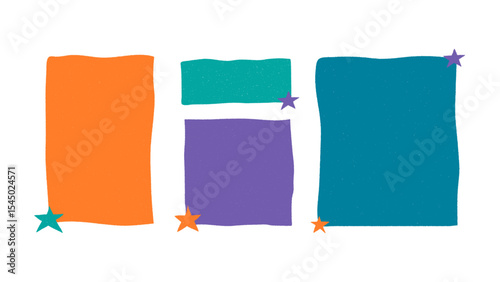 Set of rectangular frames with stars, textured text boxes shape collection, vector illustration.