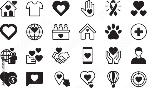 Collection of various charity and love themed vector icons set