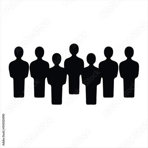 A group of seven simple black human silhouette figures standing together