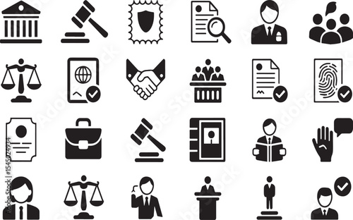 Collection of various law and justice related vector icons set up