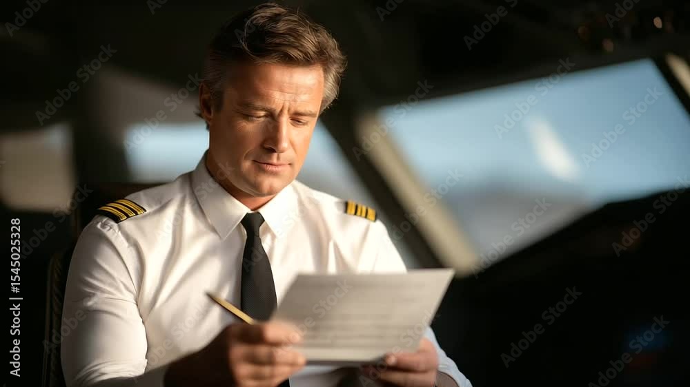 1_Co-pilot reviewing flight plan in cockpit with annotations and clipboard