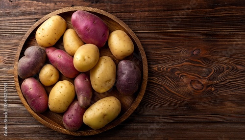 fresh colorful potatoes on the wooden brown table