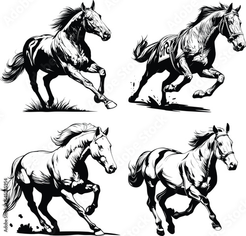 Galloping Horses Dynamic Motion Black White Line Art