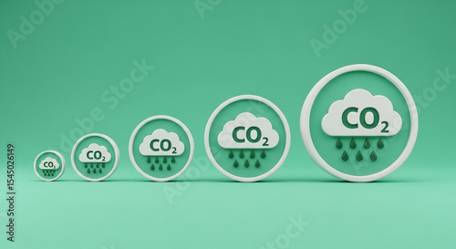Carbon dioxide emissions increasing represented by growing co2 cloud icons on green background