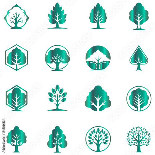 set of green beautiful piece of digital botanical art, a hand-drawn style vector tree design