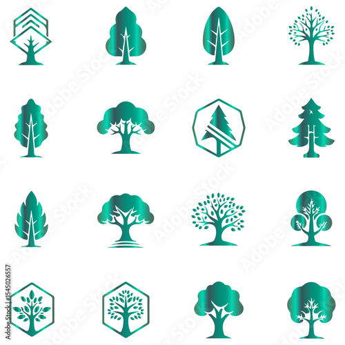 set of modern botanical tree design with vibrant, flowing vector gradient color transitions