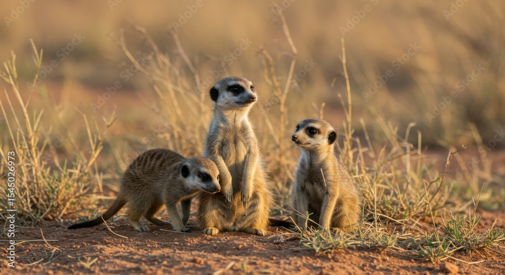 Fototapeta premium Three meerkats in savanna
