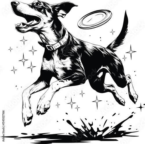 Majestic Dog Celestial Stars Night Sky Black White Line Art Design