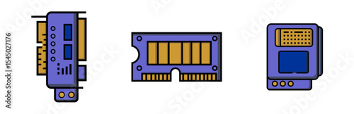Flat colored tech icon set of memory and storage units including RAM, VGA card and SD card mascots