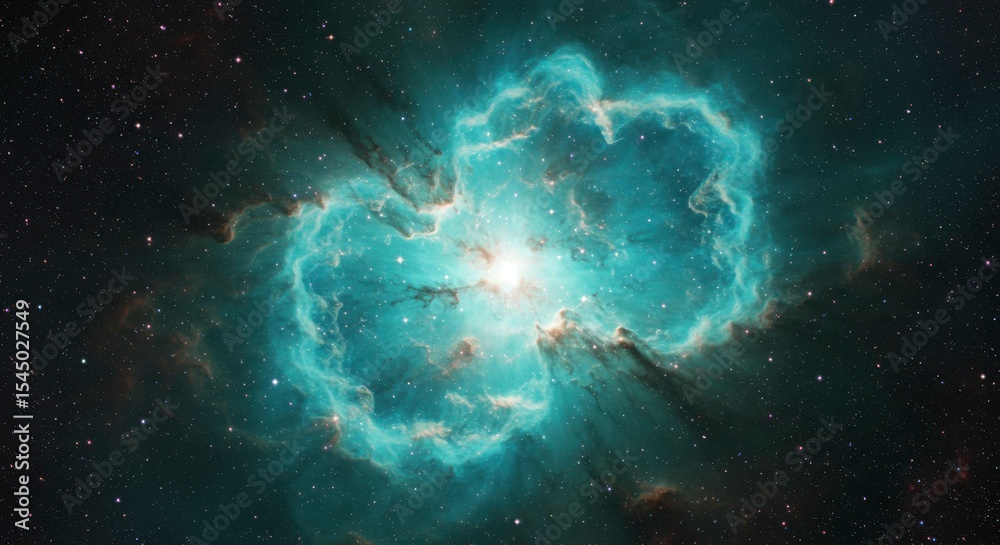 Fototapeta premium Glowing teal nebula in deep space, illuminated by a central light source. Darker cosmic dust contrasts against it