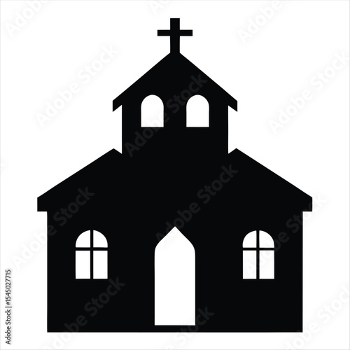 Simple black and white illustration of a church building silhouette