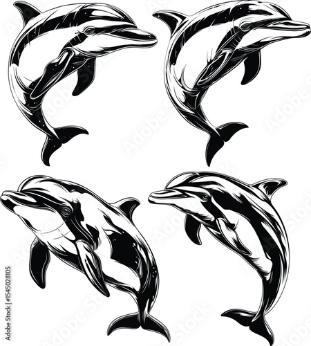 Four Dolphins Formation Swimming Black White Line Art