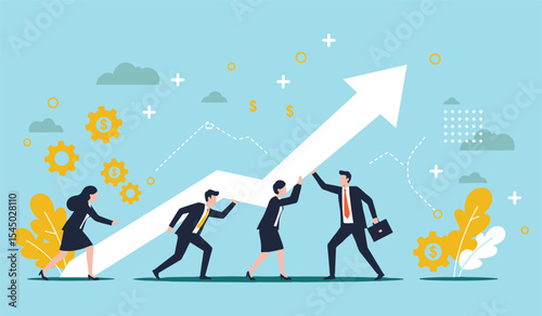 Optimistic business team driving financial growth, illustrating collaborative effort, strategic investment, and future prospects for achieving sustained corporate success flat vector illustration
