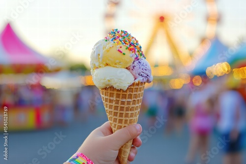 Child Holding Ice Cream Cone at County Fair with Ferris Wheel in Background