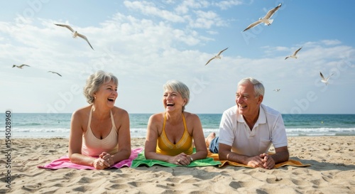 Three seniors joyfully recline on beach towels, laughing amidst flying seagulls under a bright sunny sky