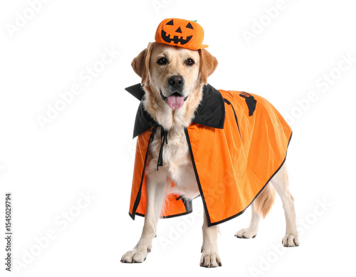 Golden retriever dog in Halloween pumpkin costume with cape and hat, happy expression