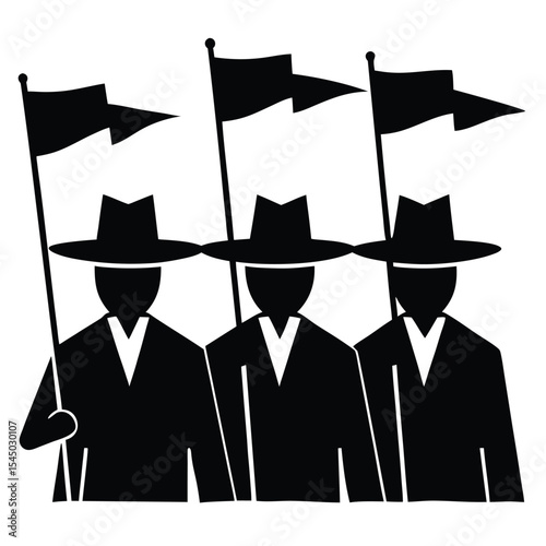 Three men in hats carrying flags in a row