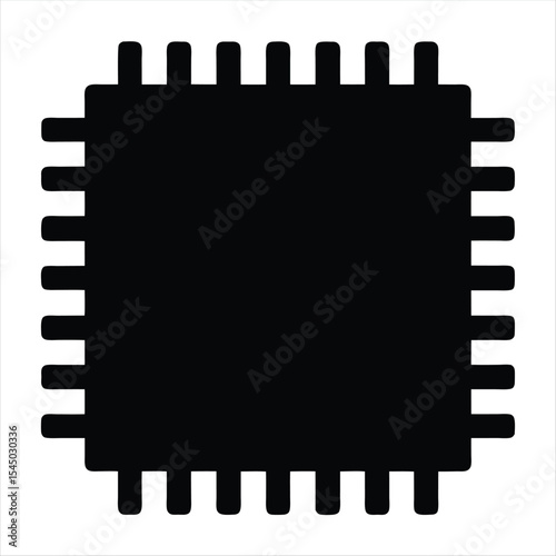 Stylized black and white illustration of a square microchip with many pins
