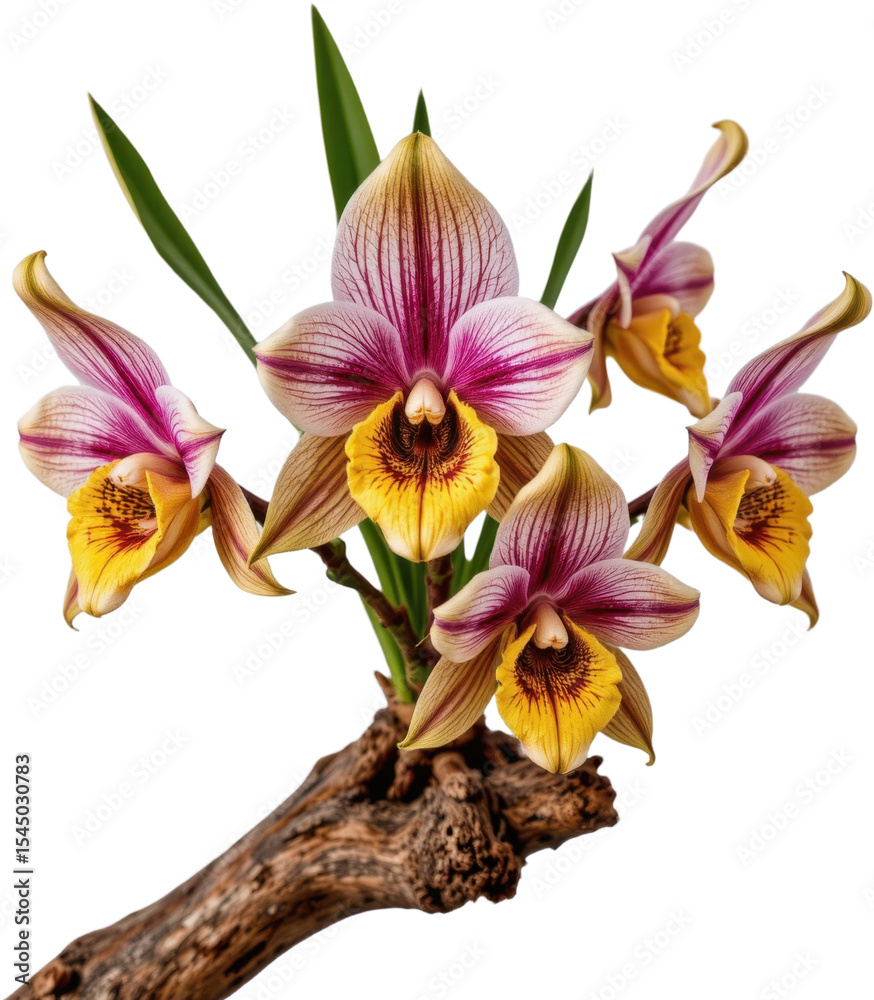 Naklejka premium Vibrant orchid flowers blooming on a textured branch with green leaves isolated on white background, showcasing exotic plant beauty and delicate floral details