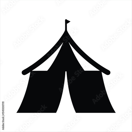 Simple black silhouette of a circus tent with a flag on top