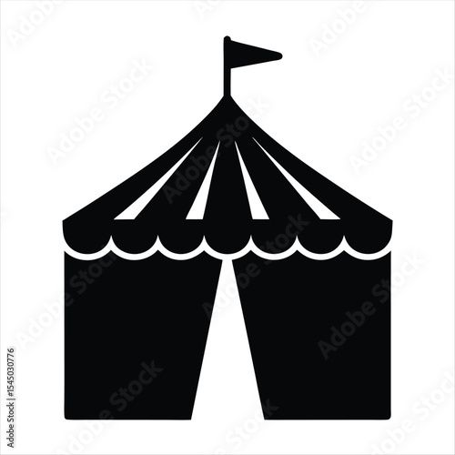 A classic circus tent silhouette with flag atop the structure, solid black