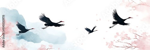 Flying Birds Silhouettes with Pink Blossoms and Turquoise Clouds Pixelated Design