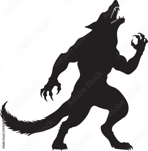 silhouette of a werewolf howling at the moon. Halloween legendary monster. Angry werewolf standing silhouette vector