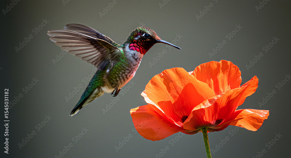 Fototapeta premium Hummingbird hovering near a red poppy flower. 